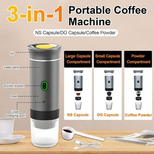 Portable Coffee Maker Espresso Machine for Travel Nano Car Coffee Maker Compatible with Ground Coffee & Capsule for RV, Hiking Camping Office